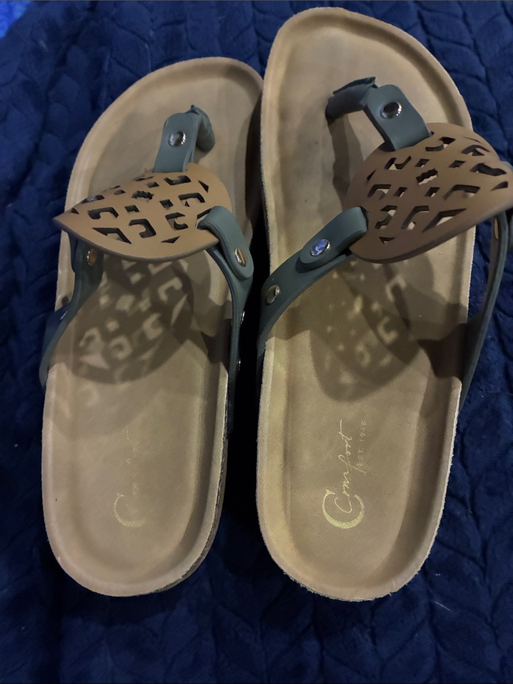 Women's Tan and Olive Cutout Thong Sandals